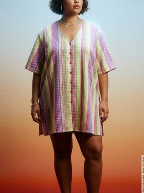 Vintage Top Women's 3X Dopamine Rainbow Stripe Button Down Tunic